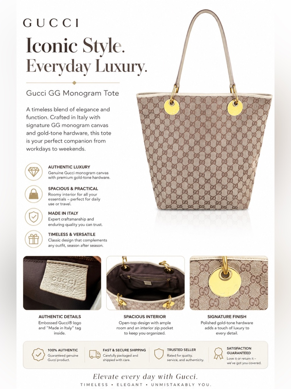 Gucci GG Monogram Tote Bag | Made in Italy | Gold Hardware|COA Inluded| - Picture 4 of 13